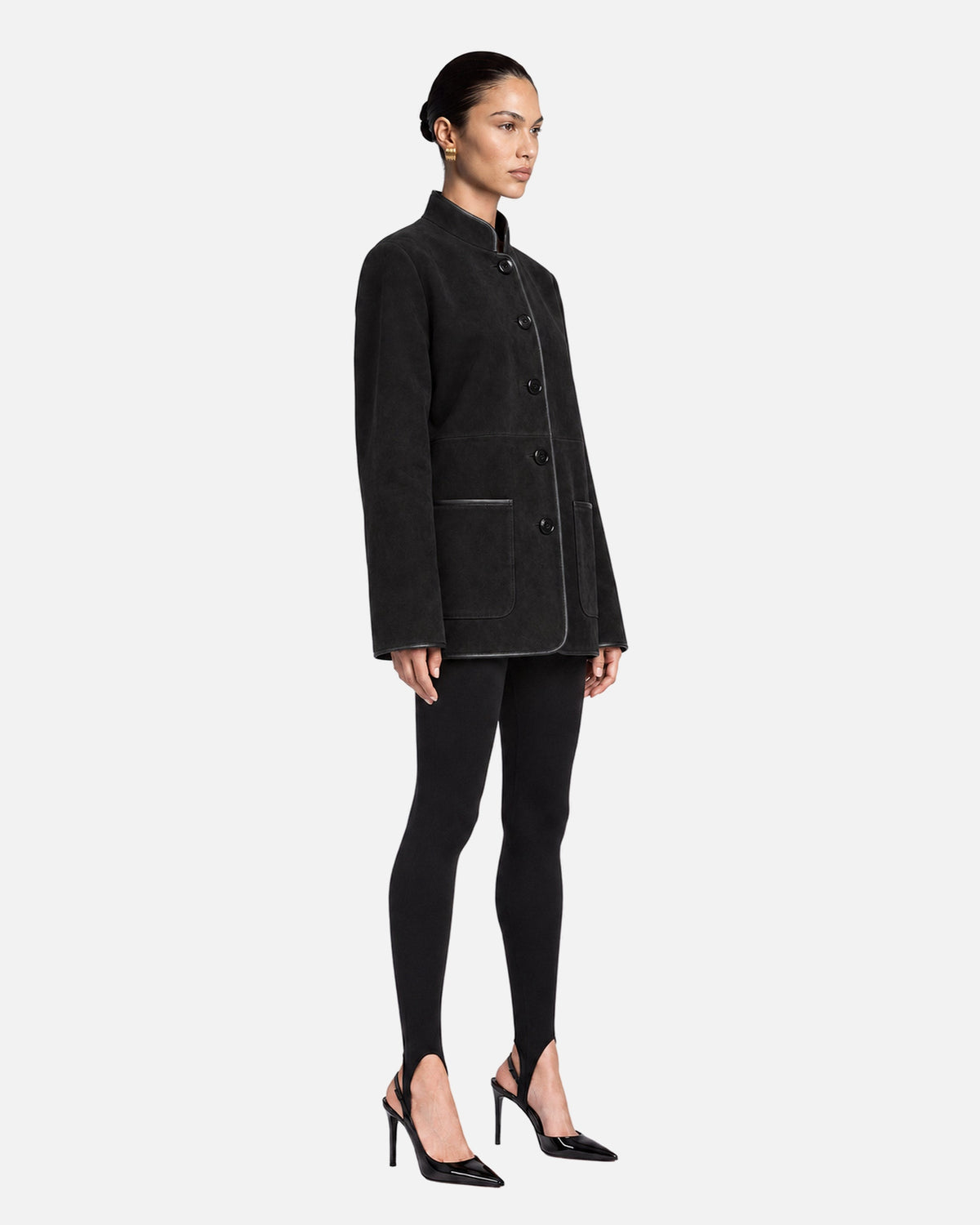Eleanor Black Suede Jacket in Black, model side view