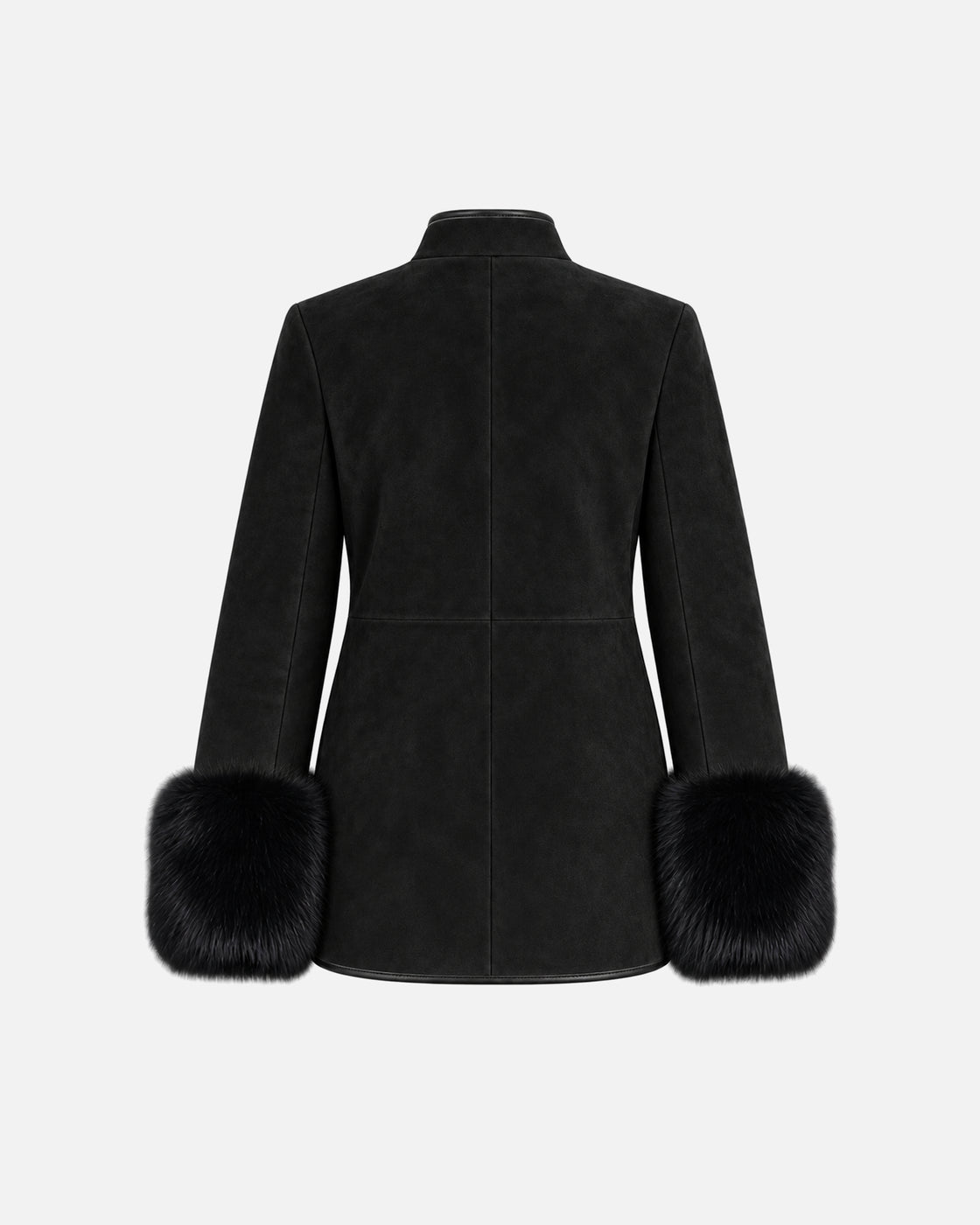 Eleanor Black Fox Trim Suede Jacket in Black & Black Fox Trim, back view