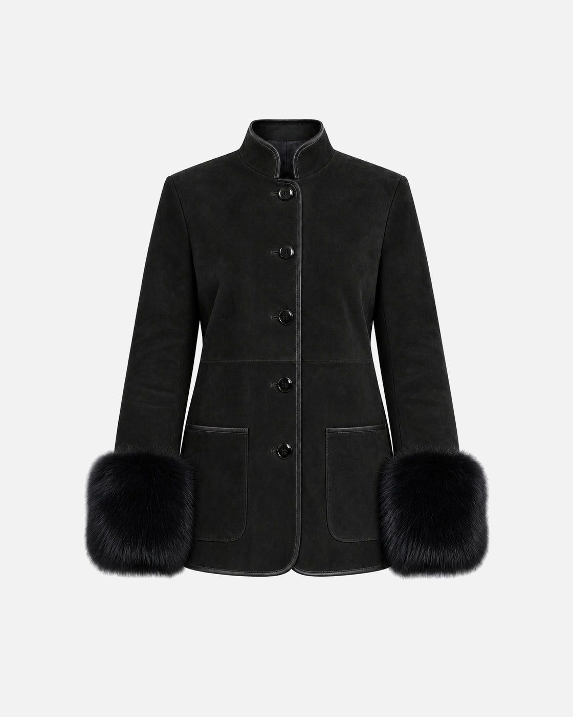 Eleanor Black Fox Trim Suede Jacket in Black & Black Fox Trim, front view