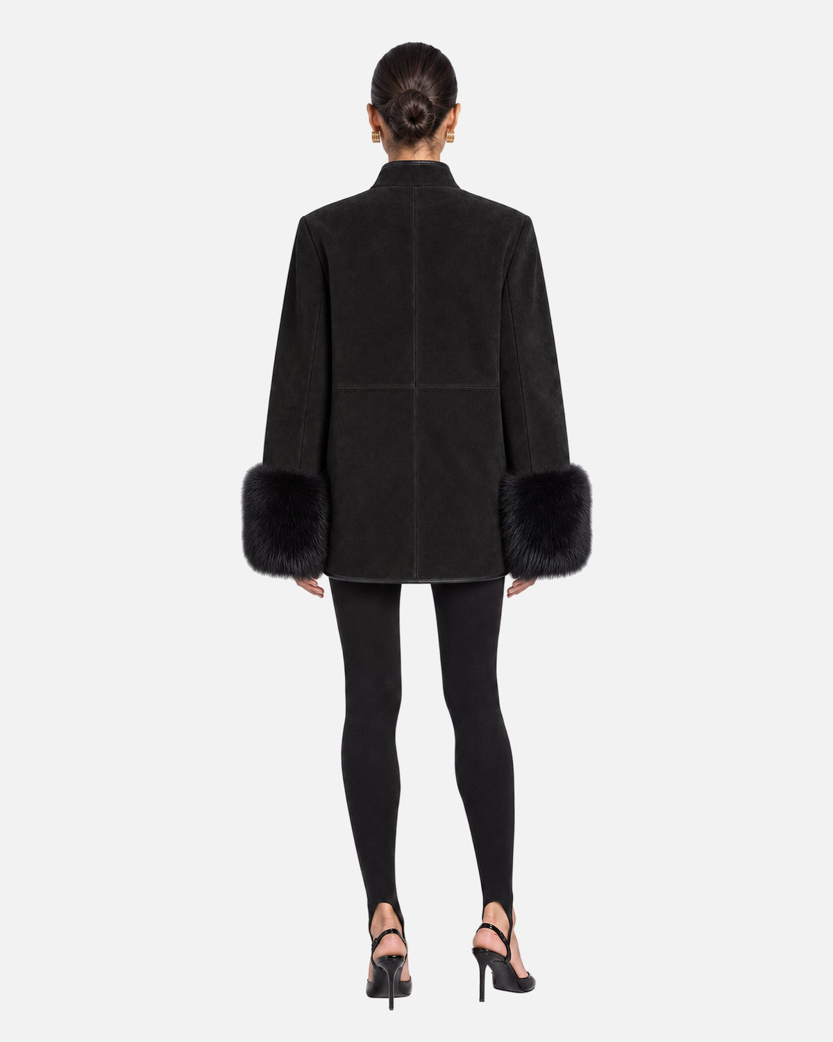 Eleanor Black Fox Trim Suede Jacket in Black & Black Fox Trim, model back view