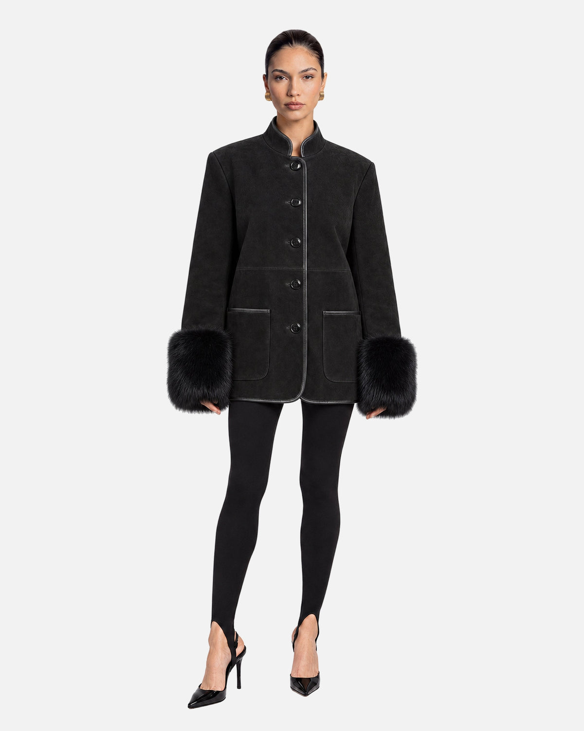Eleanor Black Fox Trim Suede Jacket in Black & Black Fox Trim, model front view