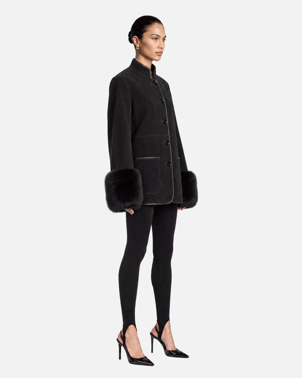 Eleanor Black Fox Trim Suede Jacket in Black & Black Fox Trim, model side view