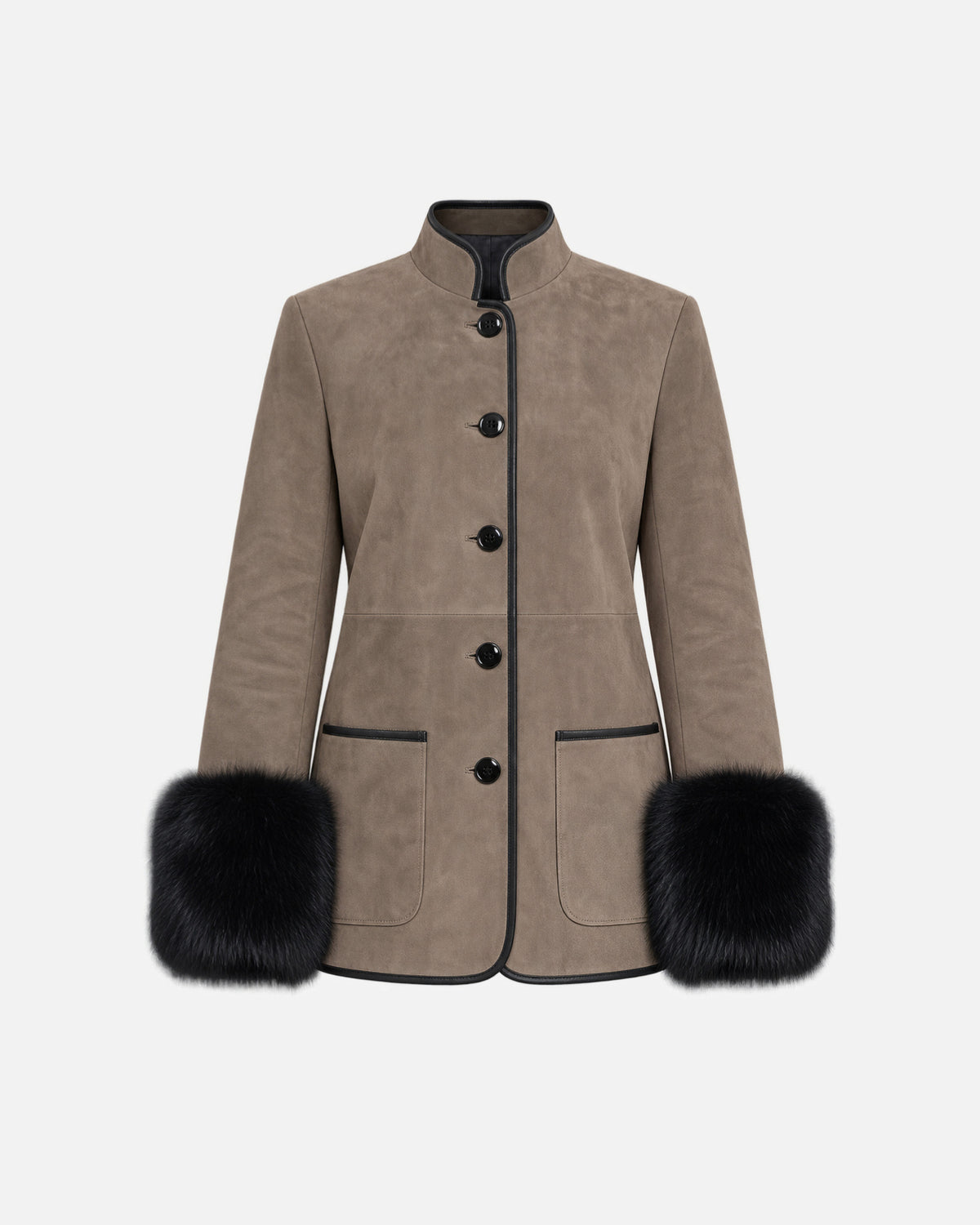 Eleanor Etaupe Fox Trim Suede Jacket in Etaupe & Black Fox Trim, front view