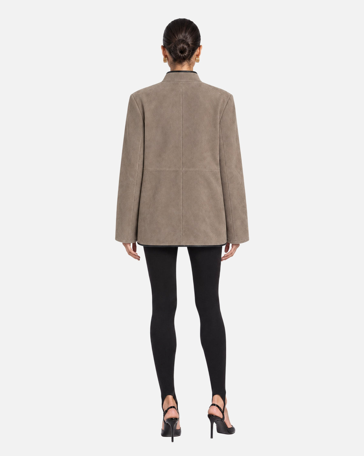 Eleanor Etaupe Suede Jacket in Etaupe, model back view