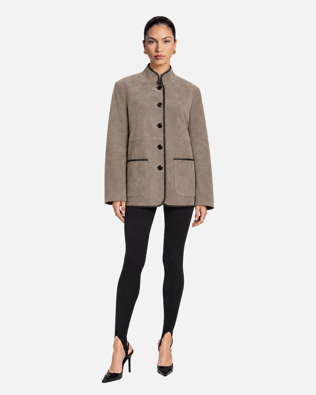 Eleanor Etaupe Suede Jacket in Etaupe, model front view