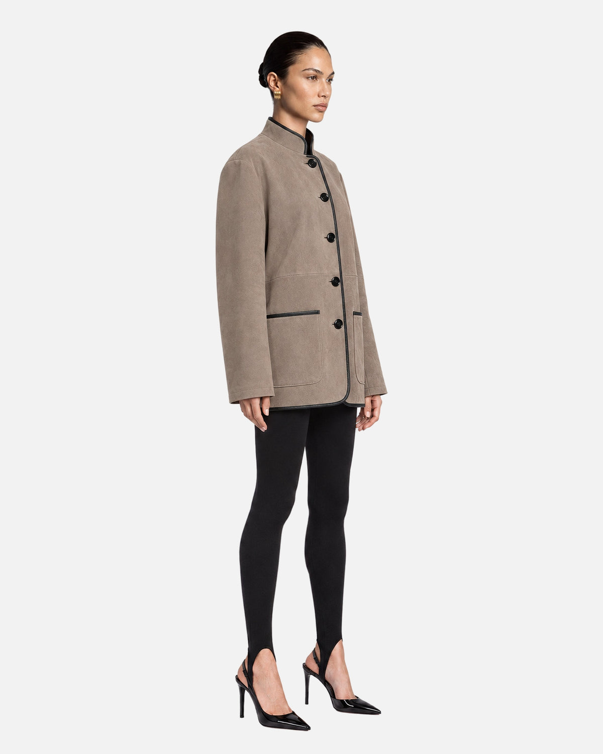 Eleanor Etaupe Suede Jacket in Etaupe, model side view