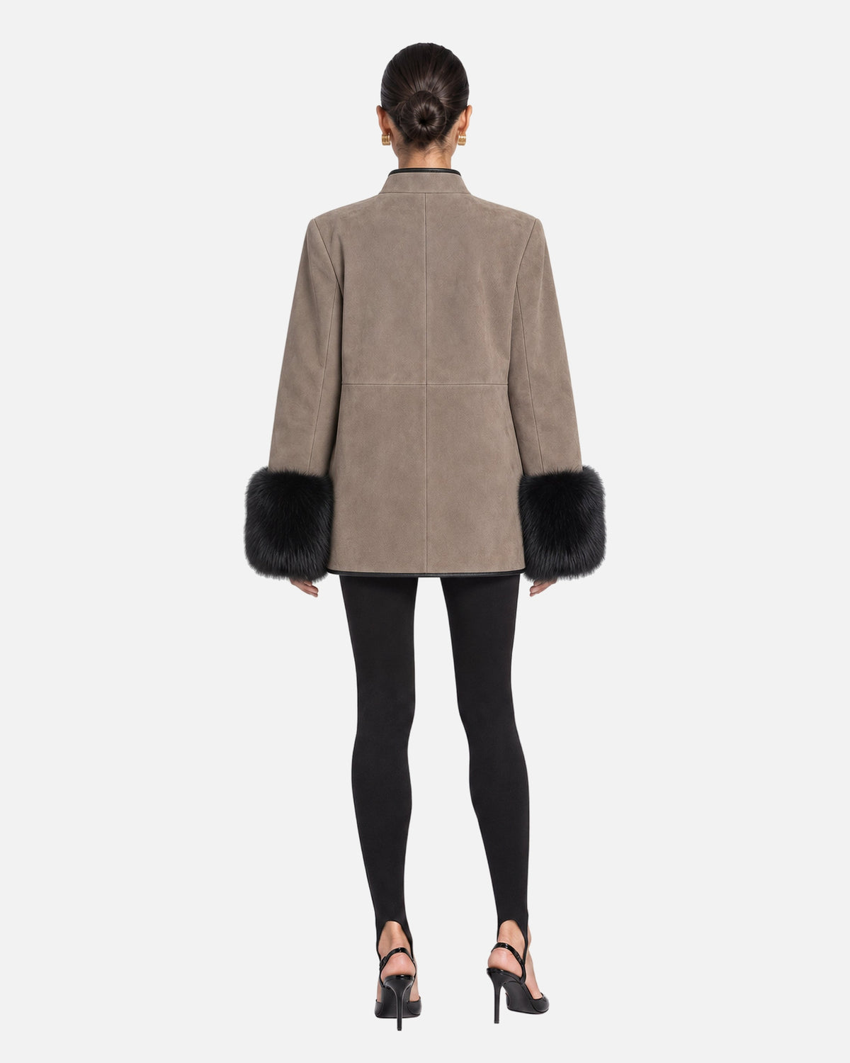 Eleanor Etaupe Fox Trim Suede Jacket in Etaupe & Black Fox Trim, model back view