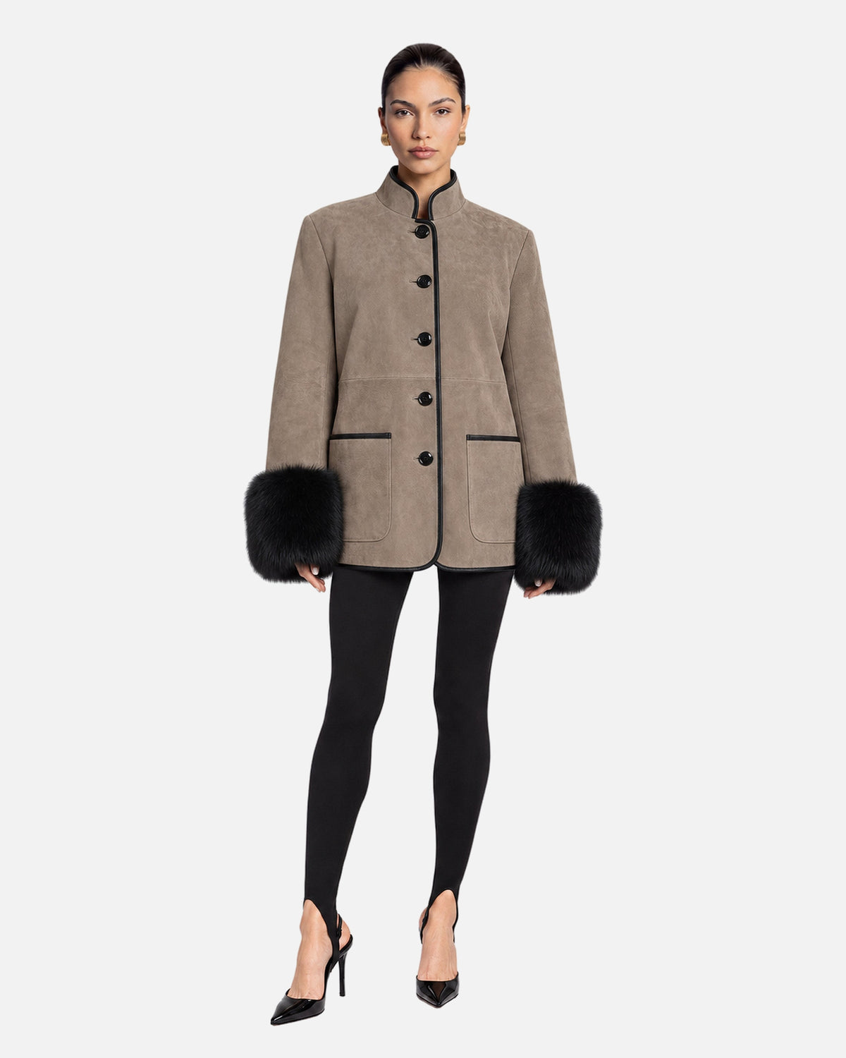 Eleanor Etaupe Fox Trim Suede Jacket in Etaupe & Black Fox Trim, model front view
