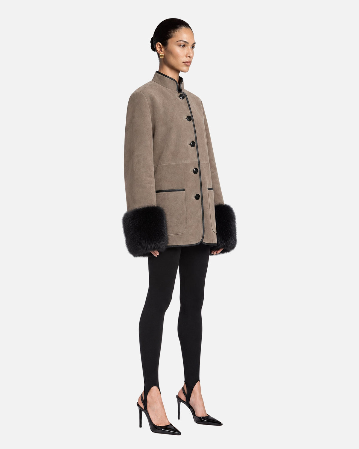Eleanor Etaupe Fox Trim Suede Jacket in Etaupe & Black Fox Trim, model side view