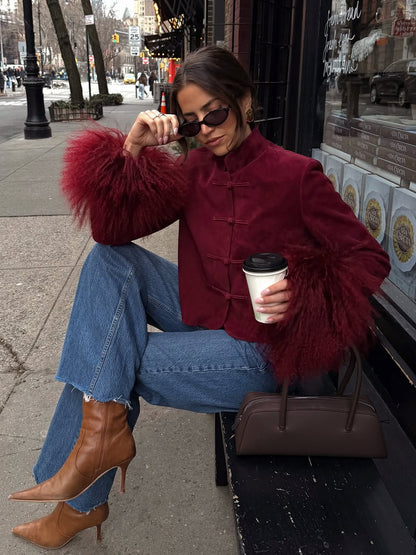 Leighton Shearling Trim Suede Jacket