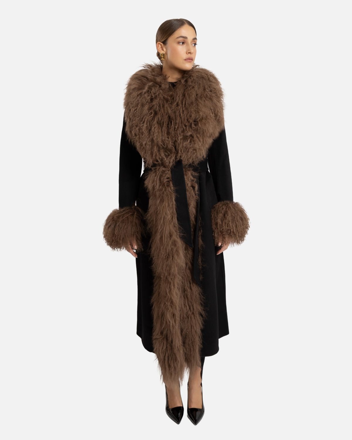 Inez Cashmere Shearling Maxi Coat Black with Brown Trim