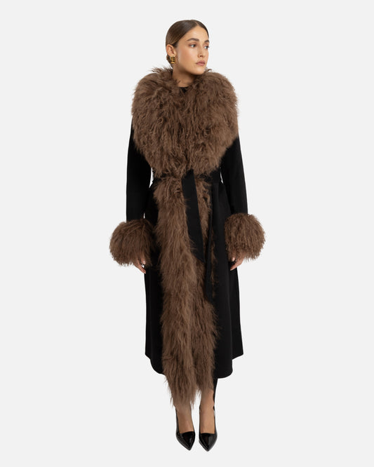 Inez Cashmere Shearling Maxi Coat Black with Brown Trim