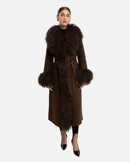Inez Cashmere Shearling Maxi Coat Chocolate Brown