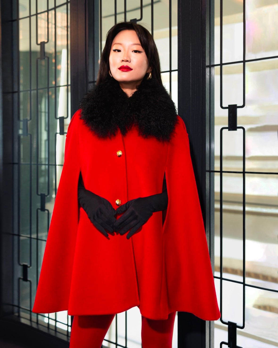 Serina Cashmere Shearling Collar Cape