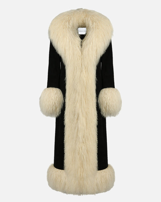 Dorothy Suede Ultra Maxi Coat Black Beige front