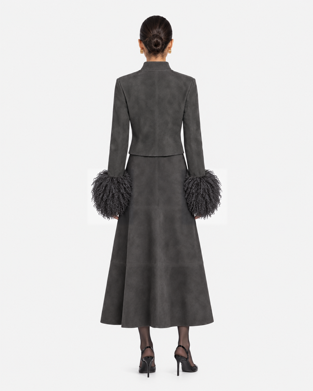 Leighton Shearling Trim Suede Jacket in Graphite, model back