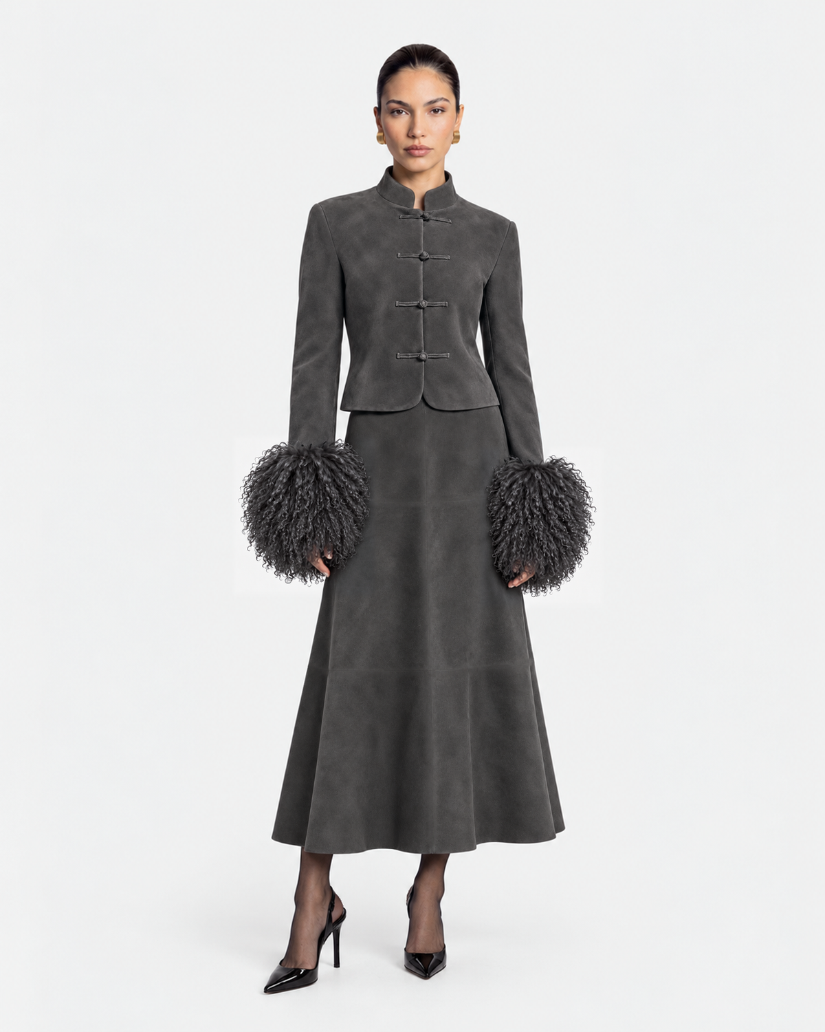 Leighton Shearling Trim Suede Jacket in Graphite, model front