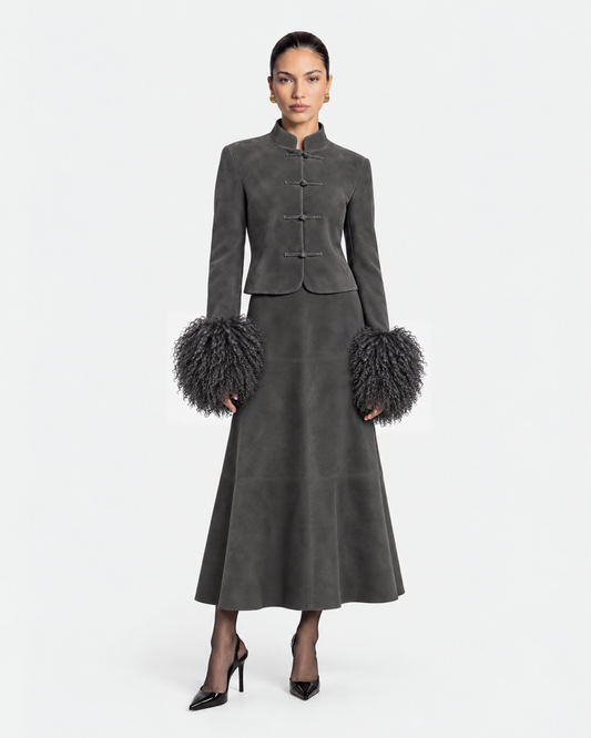Leighton Shearling Trim Suede Jacket in Graphite, model front
