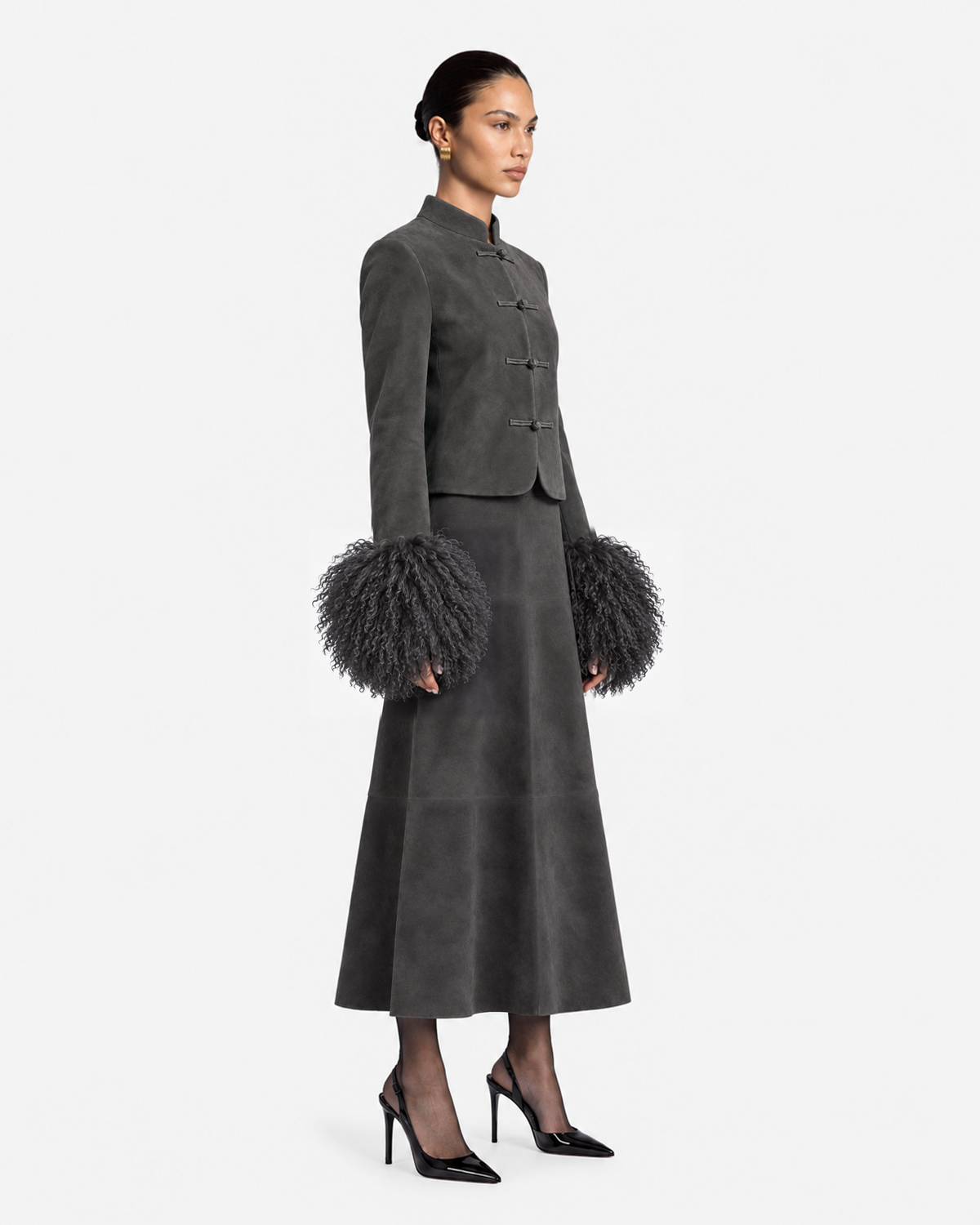 Leighton Shearling Trim Suede Jacket in Graphite, model side