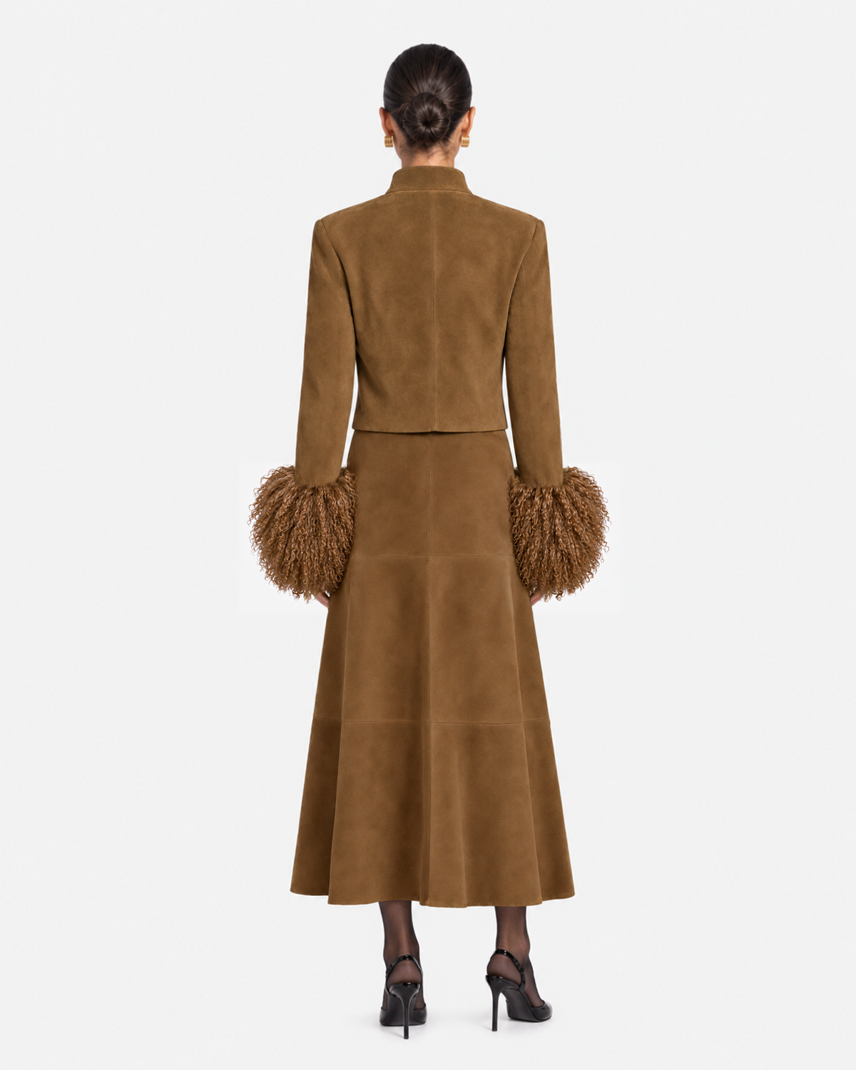 Leighton Shearling Trim Suede Jacket in Tobacco Brown, model back