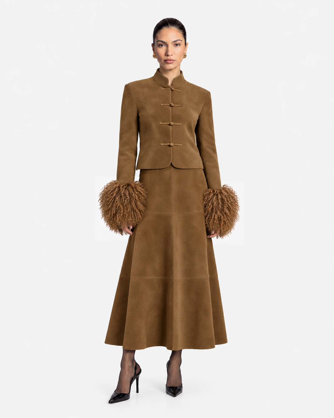 Leighton Shearling Trim Suede Jacket in Tobacco Brown, model front