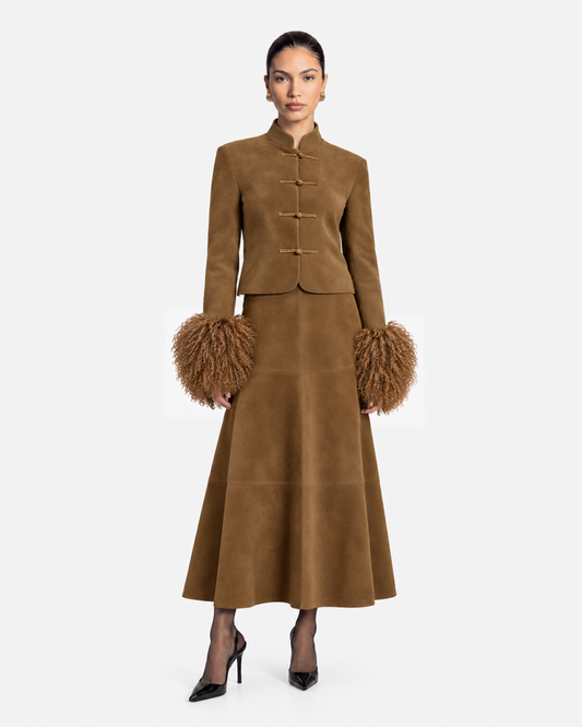 Leighton Shearling Trim Suede Jacket in Tobacco Brown, model front