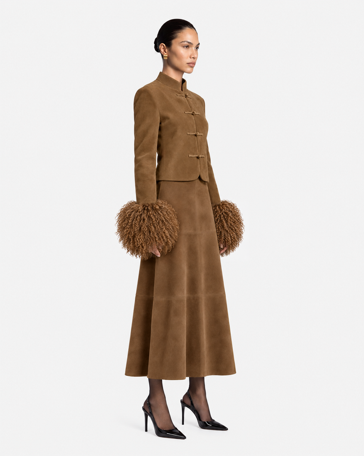 Leighton Shearling Trim Suede Jacket in Tobacco Brown, model side