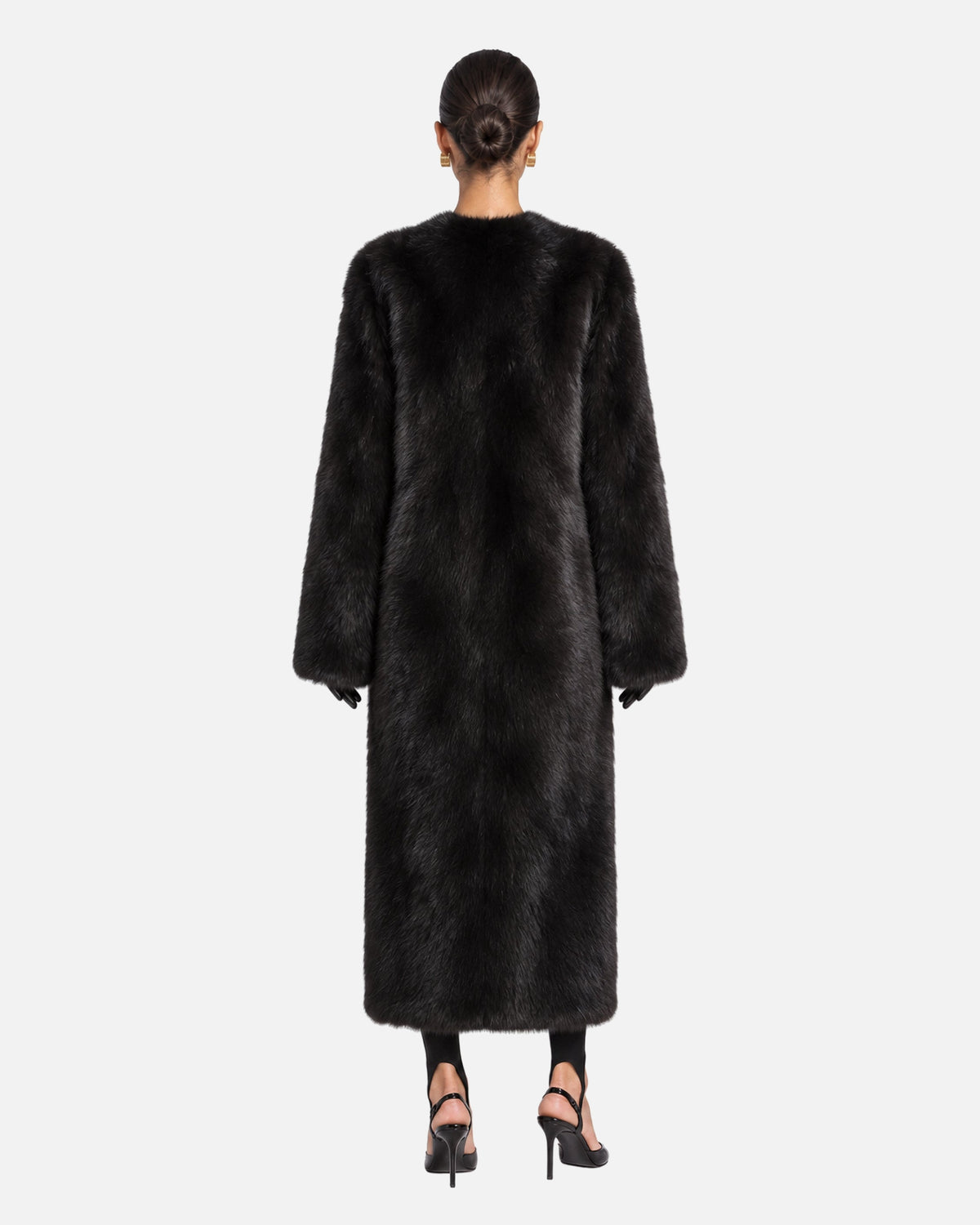 Mia Black Shearling Coat, model back view