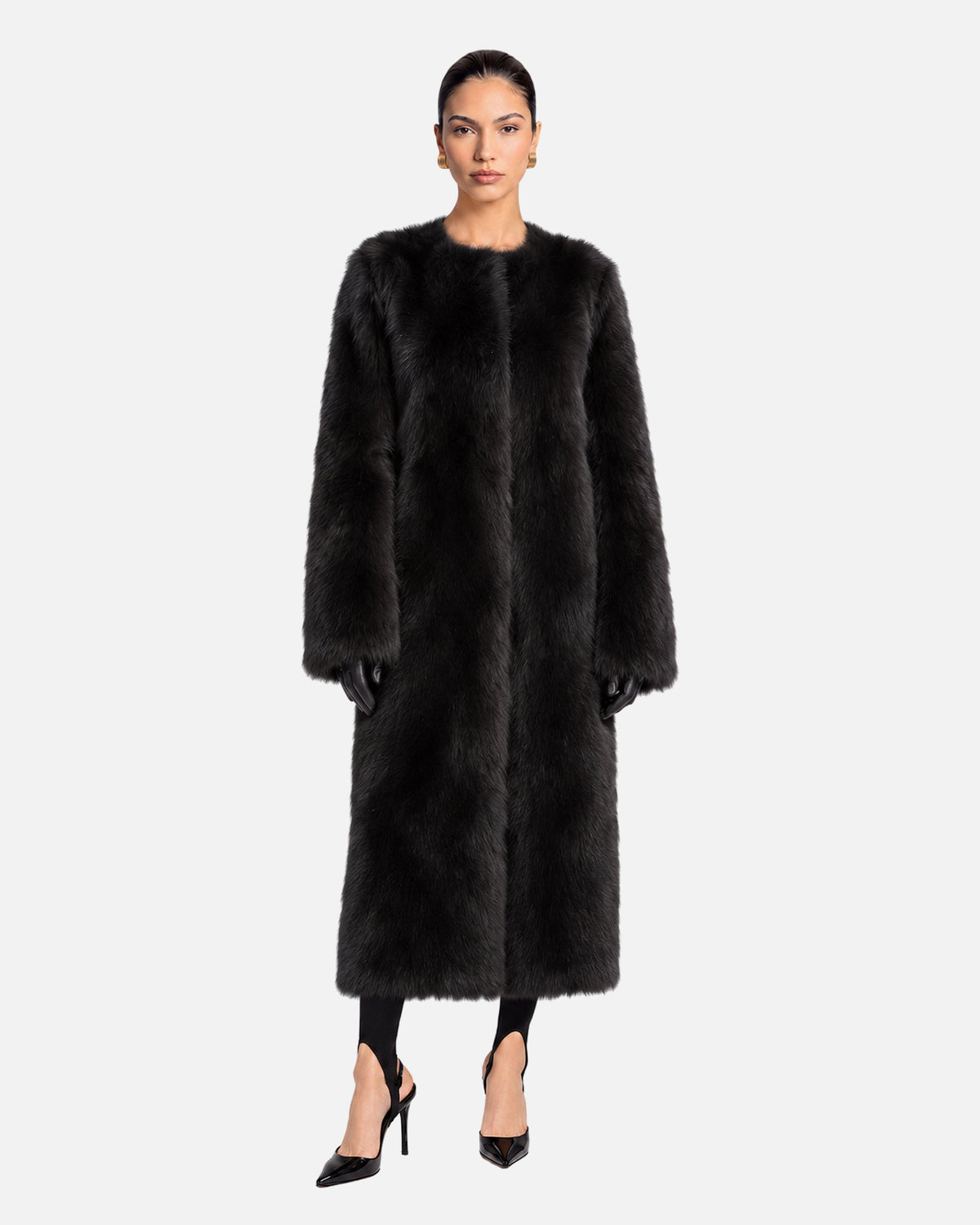 Mia Black Shearling Coat, model front view