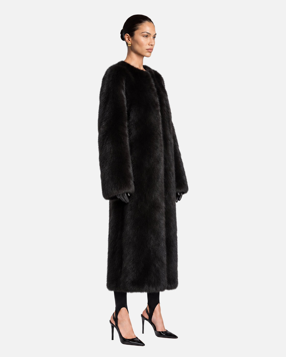 Mia Black Shearling Coat, model side view