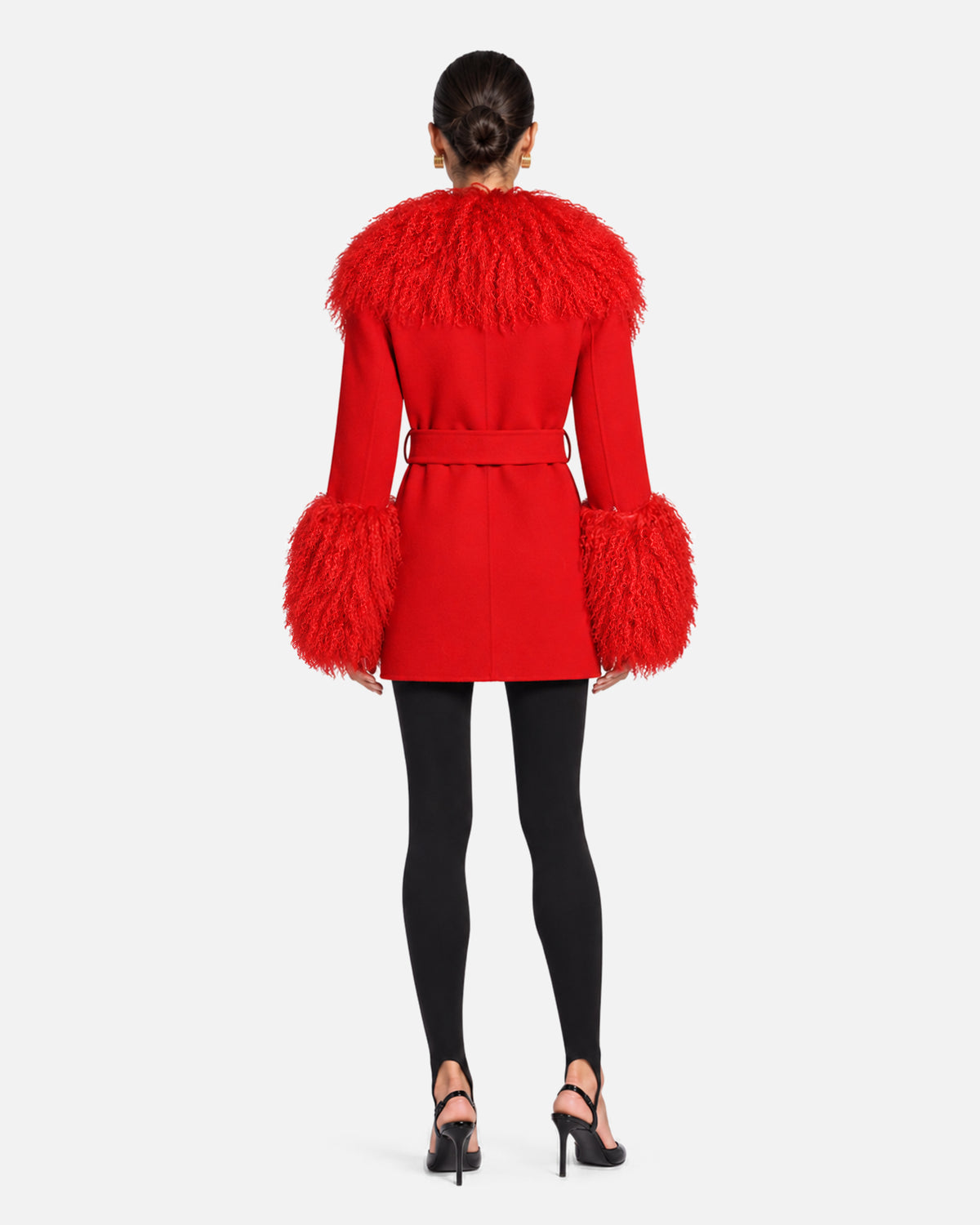 Mimi Cashmere Shearling Midi Coat in Lucky Red, model back