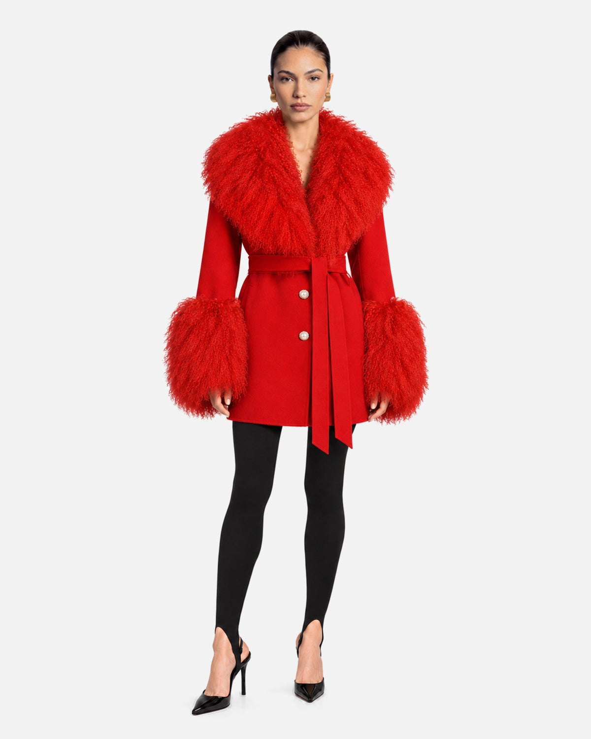 Mimi Cashmere Shearling Midi Coat in Lucky Red, model front