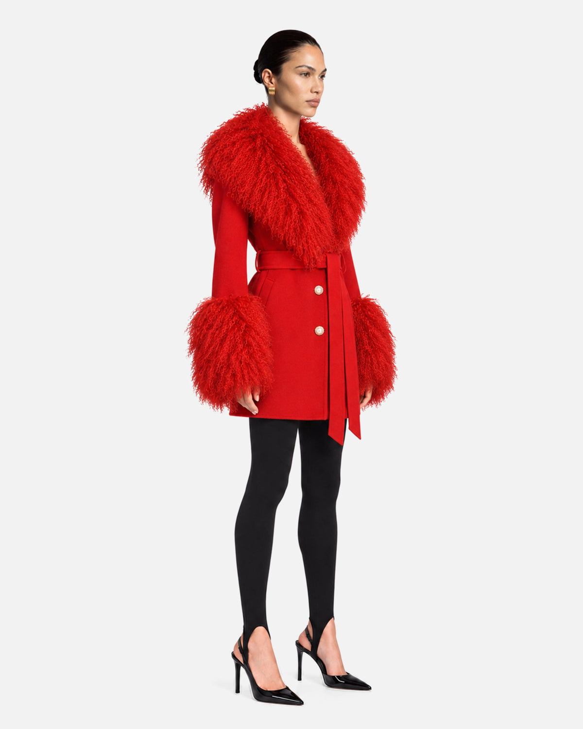 Mimi Cashmere Shearling Midi Coat in Lucky Red, model side