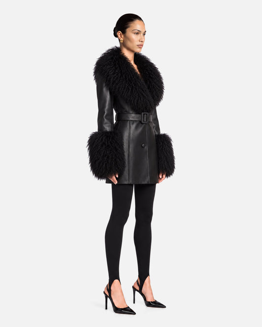 Mimi Leather Shearling Coat in Black, model side
