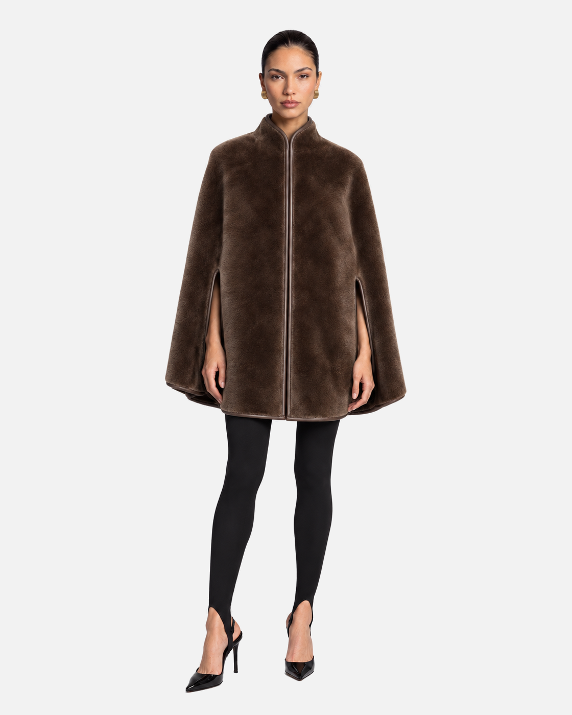Noelle Merino Shearling Cape in Brown, model front view
