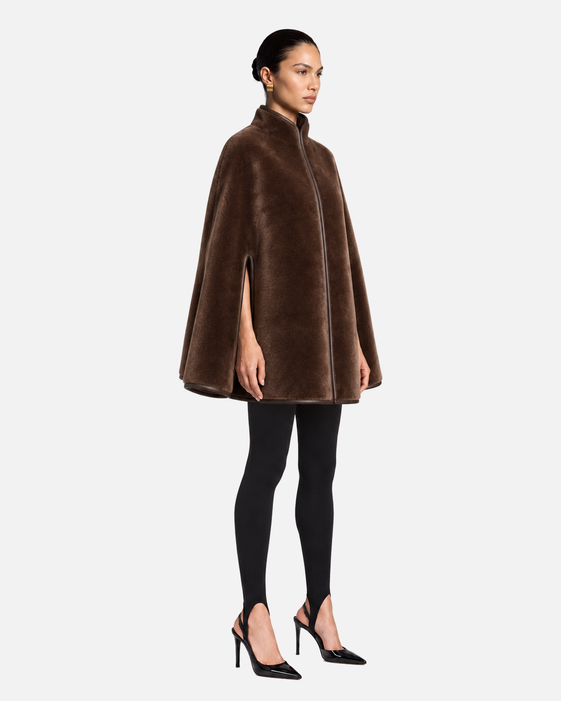 Noelle Merino Shearling Cape in Brown, model side view