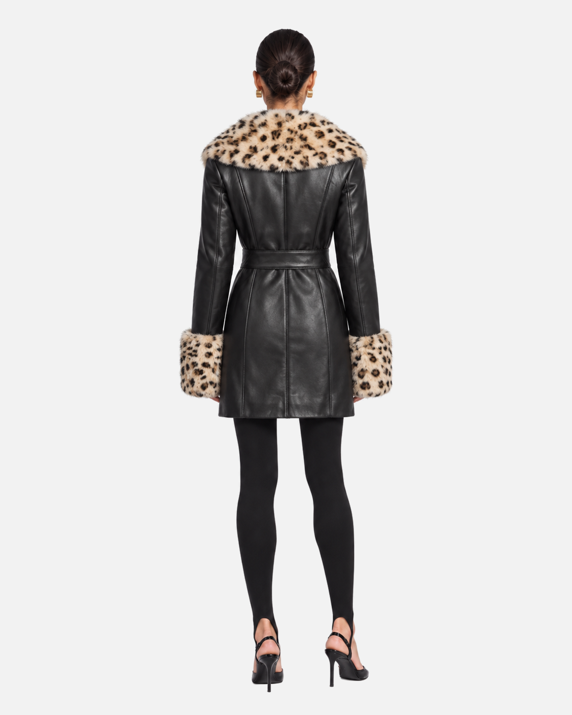 Odette Leather Coat in Black & Leopard Trim, model back view