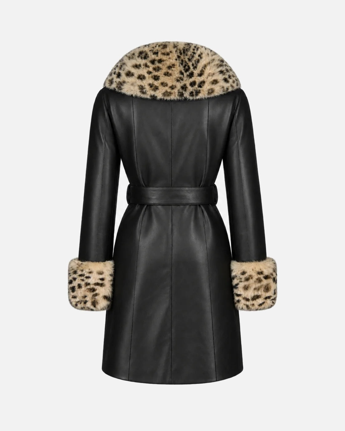Odette Leather Coat in Black & Leopard Trim, back view
