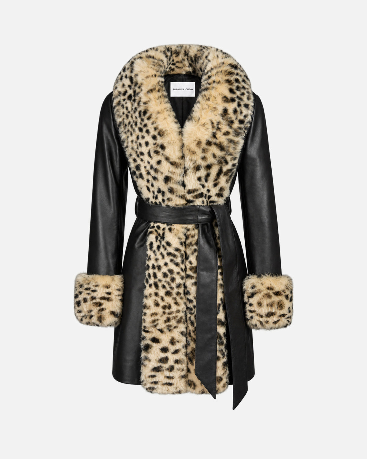 Odette Leather Coat in Black & Leopard Trim, front view