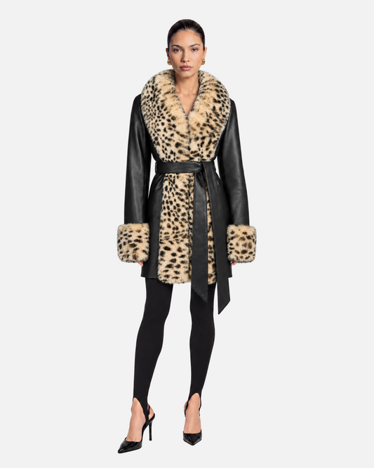 Odette Leather Coat in Black & Leopard Trim, model front view