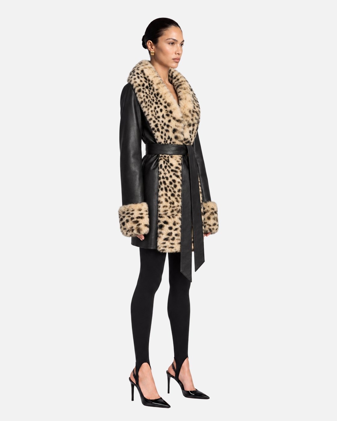Odette Leather Coat in Black & Leopard Trim, model side view