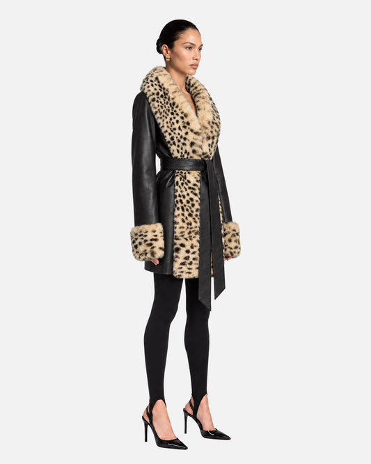 Odette Leather Coat in Black & Leopard Trim, model side view