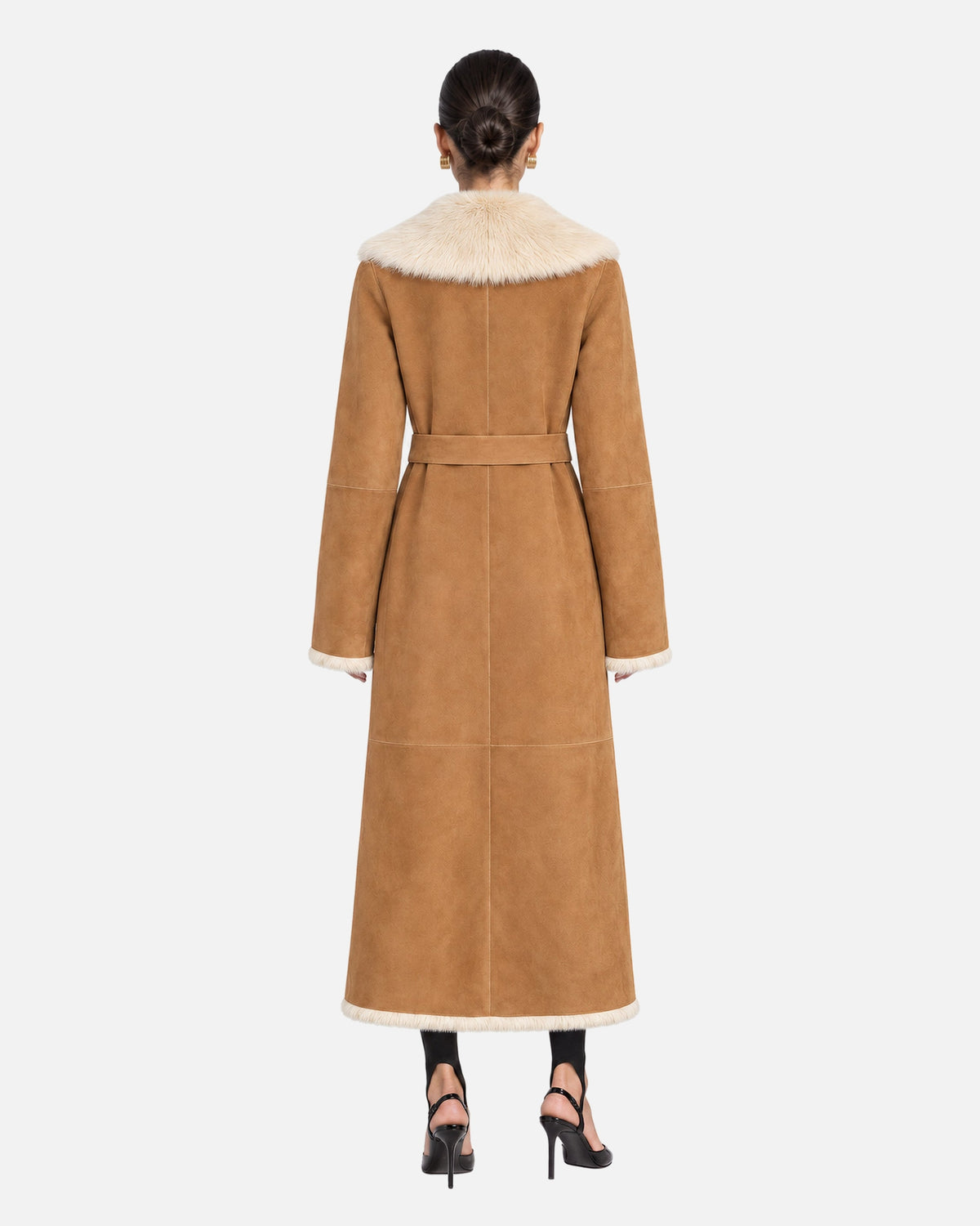 Raissa Shearling Coat in Camel, model back view