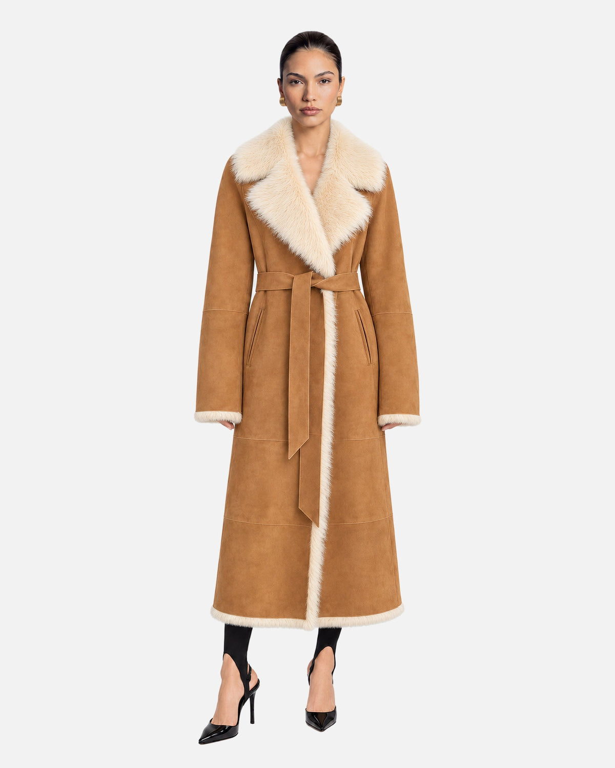 Raissa Shearling Coat in Camel, model front view