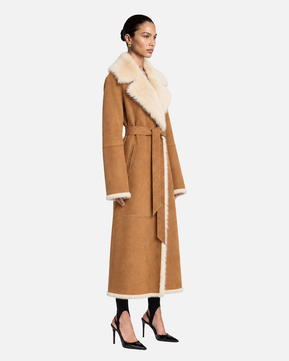 Raissa Shearling Coat in Camel, model side view