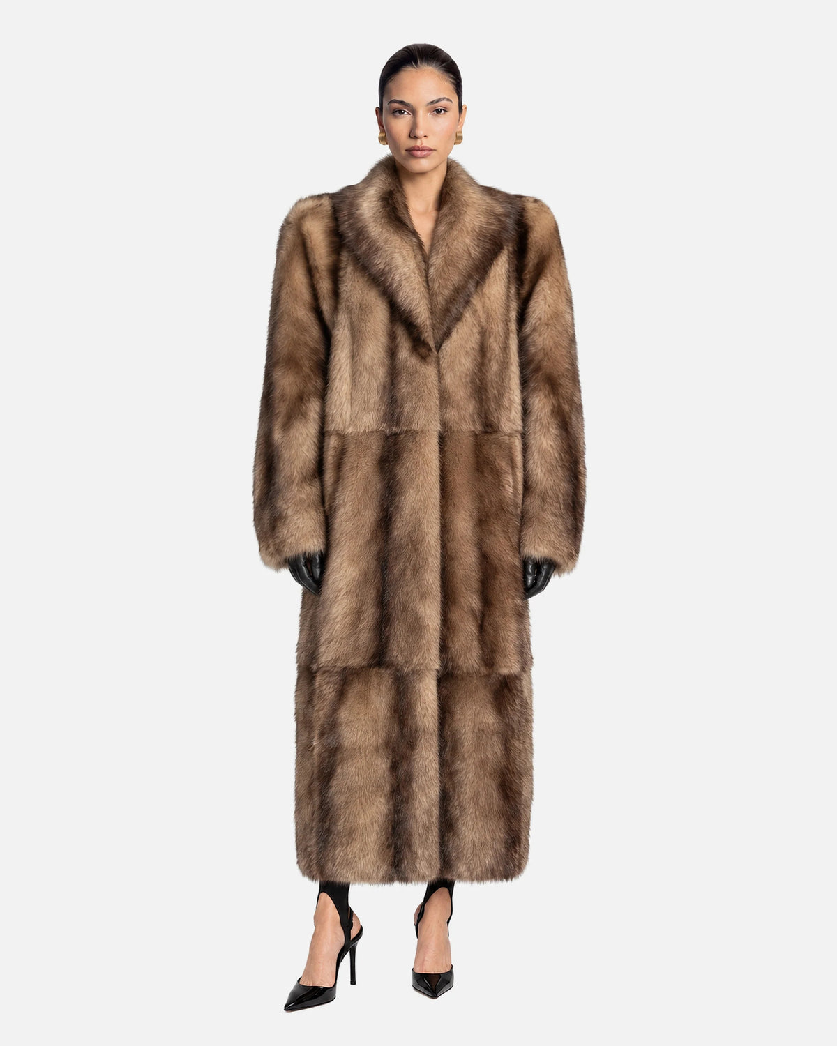 Sasha Shearling Coat in Brown, model front view