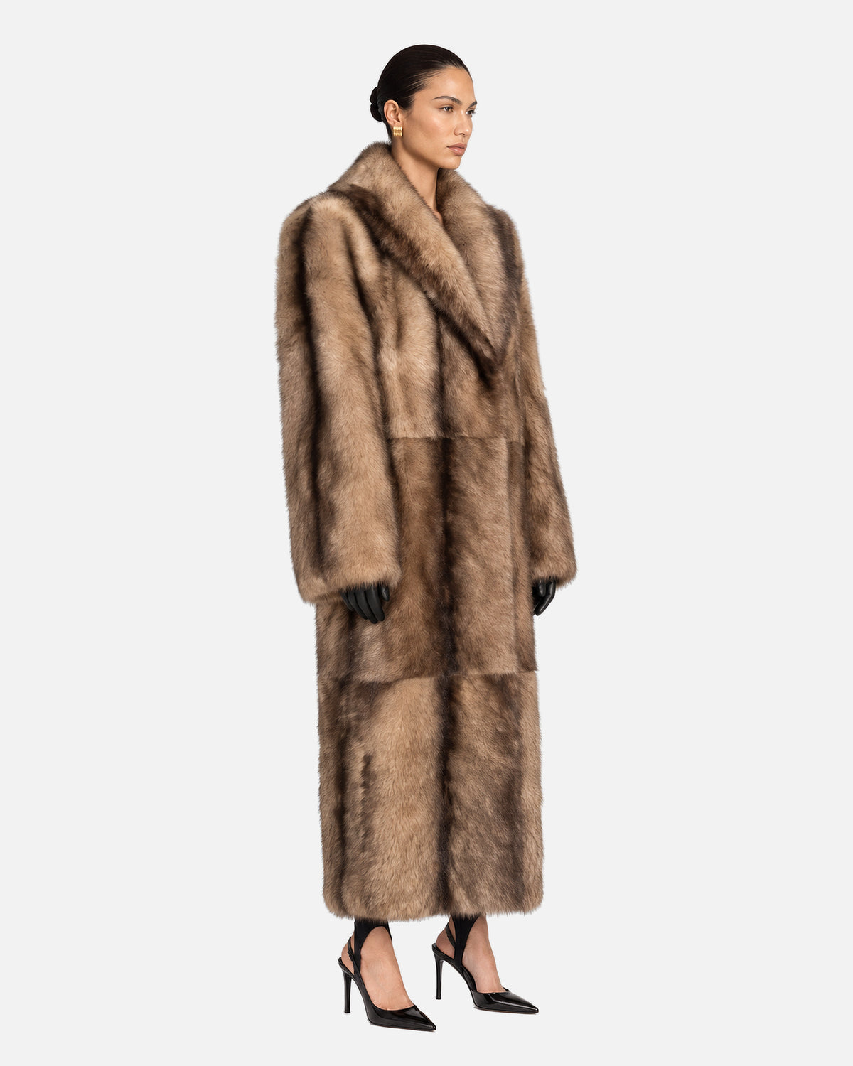 Sasha Shearling Coat in Brown, model side view