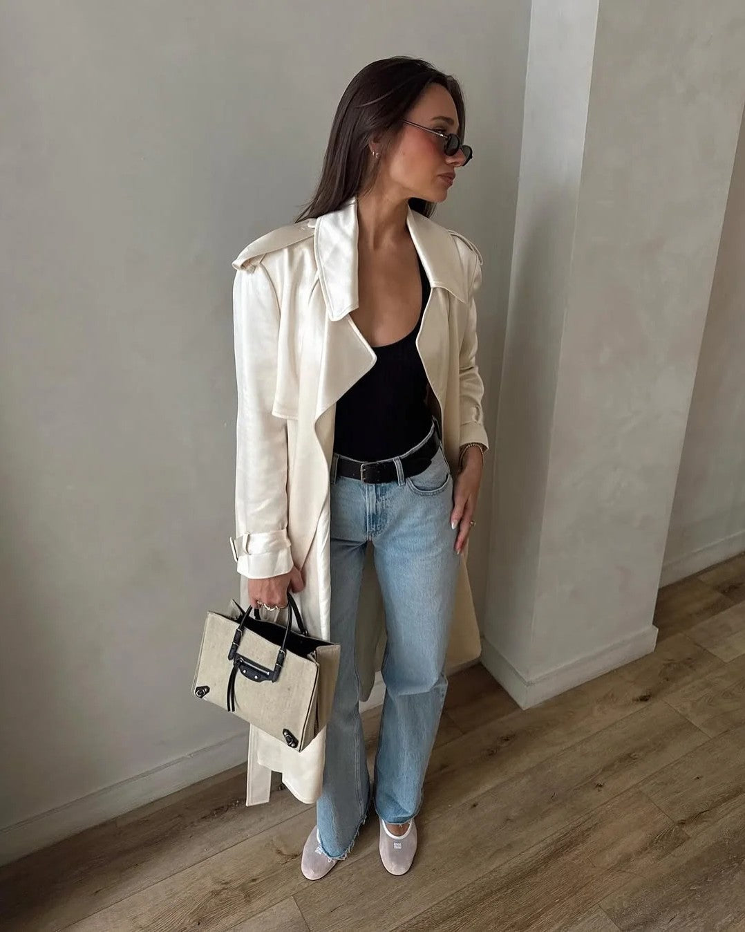 Danielle Bernstein wearing Olivia Satin Trench Coat