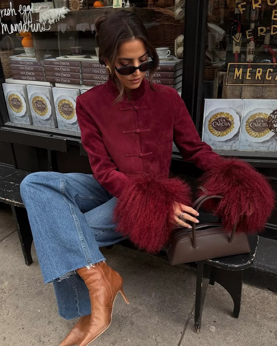 Rose LoTempio wearing Leighton Shearling Trim Suede Jacket
