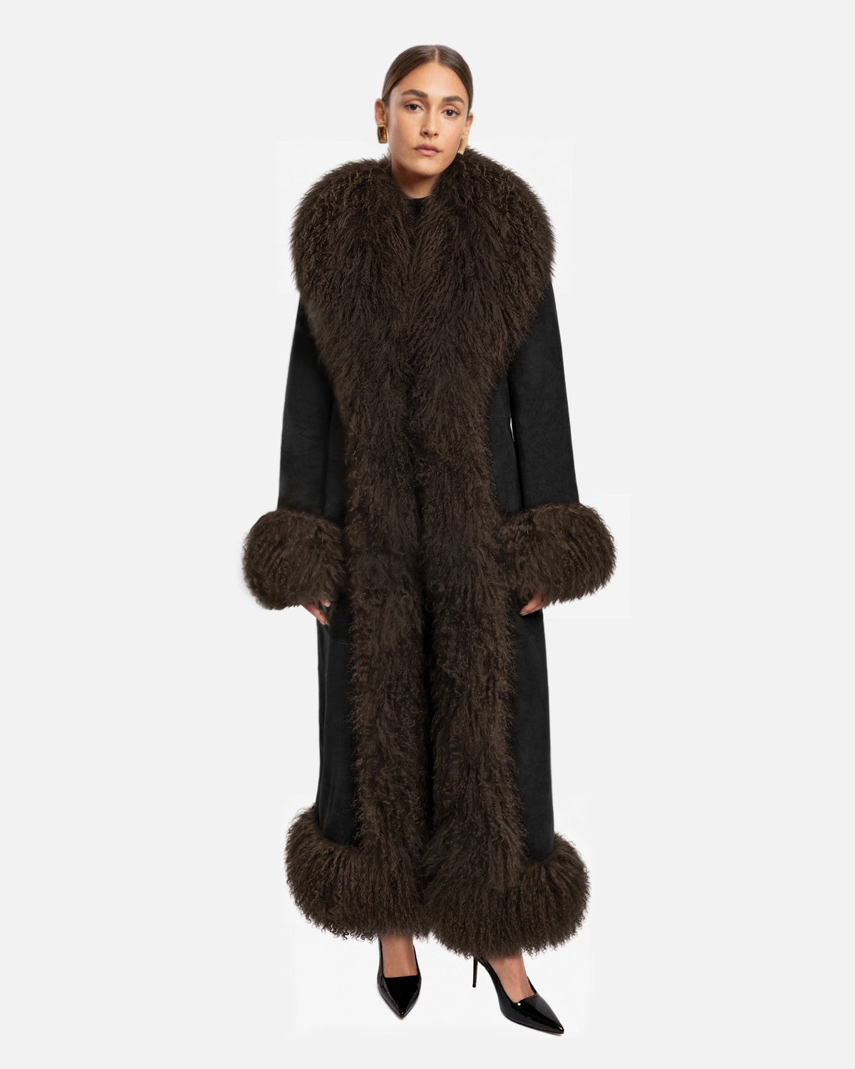 Dorothy Suede Ultra Maxi Coat Black / Brown front